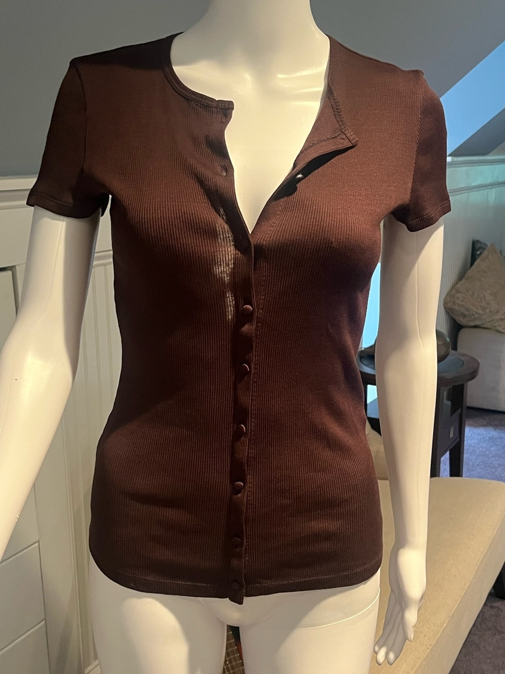 Dorothee Schumacher Slim Ribbed s/s Henely Top in Chocolate brown NWT size small